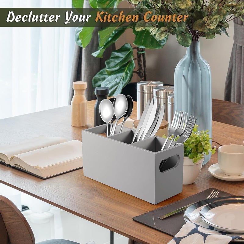 DRASTAR Wooden Silverware Caddy, Flatware Cutlery Holder, Kitchen Utensil Holder for Countertop, Silverware Organizer Containers for Party, Gray - Image 5